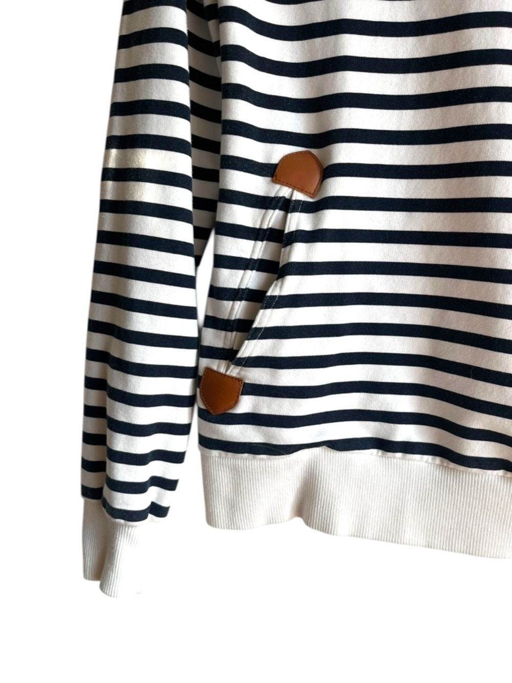 Wanakome Navy Ivory Stripe Cowl Neck Hoodie XS Terry Pullover - Picture 5 of 15